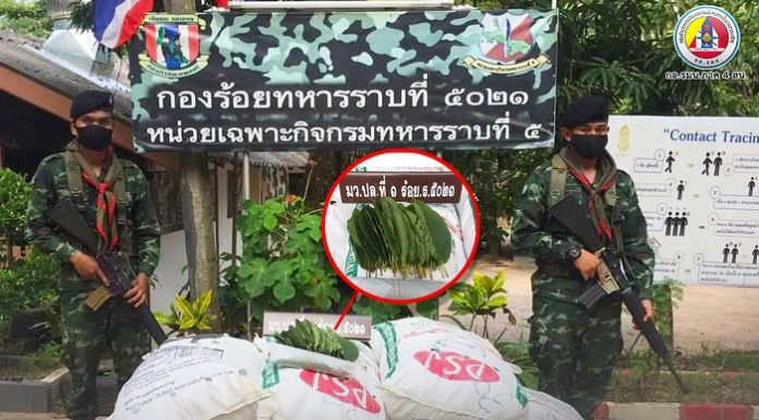 กองกำลังเทพสตรี ตรวจยึดยาเสพติดให้โทษประเภท 5 พืชกระท่อมสดบรรจุใส่กระสอบ จำนวน 11 กระสอบ น้ำหนักรวม 330 กิโลกรัม