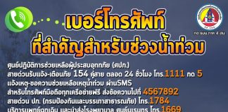 ช่วงนี้ฝนตกอย่างต่อเนื่อง ใครที่ประสบปัญหาน้ำท่วม สามารถแจ้งได้ที่เบอร์โทรศัพท์ที่สำคัญ!!สำหรับช่วงน้ำท่วม