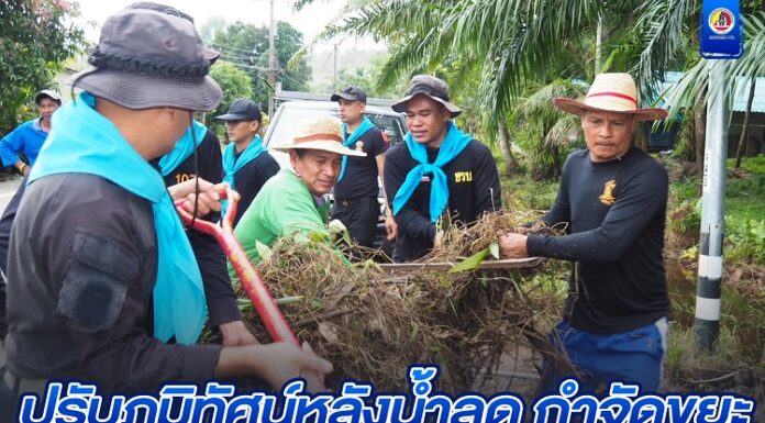 ปรับภูมิทัศน์หลังน้ำลด กำจัดขยะ เศษวัชพืช เพื่อความสะดวกในการสัญจรของประชาชน
