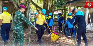 จิตอาสาทหารพราน 44 พร้อมใจกันทำความสะอาด ปรับปรุงภูมิทัศน์ศาสนสถาน เนื่องในวันจักรี