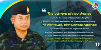 “…เจ้าของโดรน 2 ตัว ที่ตรวจพบในพื้นที่ อำเภอสะเดา จังหวัดสงขลา ตอนนี้สามารถควบคุมได้แล้วเป็นชาวจีน 2 คน ที่นำเข้ามาโดยควบคุมตัวได้ที่จังหวัดเชียงราย ขณะนี้อยู่ในกระบวนการซักถาม โดรนที่พบสามารถขนสิ่งของผิดกฎหมายหรืออาจดัดแปลงในการติดอาวุธได้เหมือนกัน…”