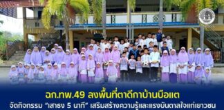 ฉก.ทพ.49 ลงพื้นที่ตาดีกาบ้านบือแต จัดกิจกรรม “เสาธง 5 นาที” เสริมสร้างความรู้และแรงบันดาลใจแก่เยาวชน