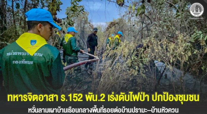 ทหารจิตอาสา ร.152 พัน.2 เร่งดับไฟป่า ปกป้องชุมชน หวั่นลามเผาบ้านเรือนกลางพื้นที่รอยต่อบ้านปรามะ–บ้านหัวควน ตำบลวังพญา อำเภอรามัน จังหวัดยะลา