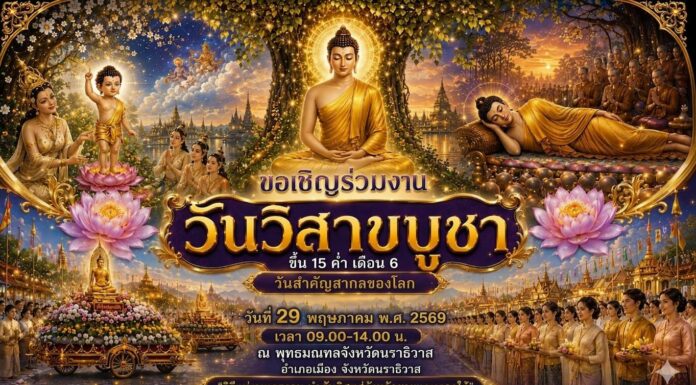 เชิญชวนพุทธศาสนิกชนร่วมกิจกรรมส่งเสริมวันสำคัญทางพระพุทธศาสนา เนื่องในวันวิสาขบูชา ประจำปี 2569 ณ พุทธมณฑลจังหวัดนราธิวาส ในวันที่ 29 พฤษภาคมนี้