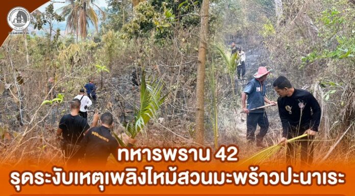 ทหารพราน 42 รุดระงับเหตุเพลิงไหม้สวนมะพร้าวปะนาเระ เร่งประสานทีมดับเพลิงเข้าควบคุมสถานการณ์ก่อนลุกลาม