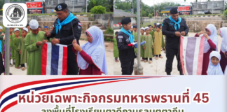 หน่วยเฉพาะกิจกรมทหารพรานที่ 45 ร่วมเปลี่ยนธงชาติ จัดกิจกรรมหน้าเสาธง ที่โรงเรียนตาดีกานูรูลมุตตากีน อำเภอระแงะ จังหวัดนราธิวาส ปลูกฝังรักชาติและต้านภัยยาเสพติด
