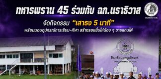 ทหารพราน 45 ร่วมกับ ฉก.นราธิวาส จัดกิจกรรม “เสาธง 5 นาที” พร้อมมอบอุปกรณ์การเรียน–กีฬา สร้างรอยยิ้มให้น้อง ๆ ชายแดนใต้