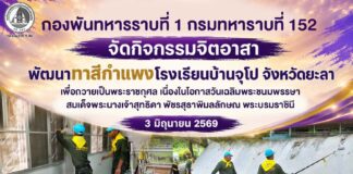 กองพันทหารราบที่ 1 กรมทหาราบที่ 152 จัดกิจกรรมจิตอาสาพัฒนาทาสีกำแพงโรงเรียนบ้านจุโป จังหวัดยะลา เพื่อถวายเป็นพระราชกุศล เนื่องในโอกาสวันเฉลิมพระชนมพรรษา สมเด็จพระนางเจ้าสุทธิดา พัชรสุธาพิมลลักษณ พระบรมราชินี 3 มิถุนายน 2569