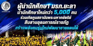 “ผู้นำนักศึกษา มรภ.ยะลา นำนักศึกษาใหม่กว่า 5,000 คน ร่วมเทิดทูนสถาบันพระมหากษัตริย์ สืบสานอุดมการณ์ราชภัฏ สร้างพลังคนรุ่นใหม่พัฒนาชายแดนใต้”