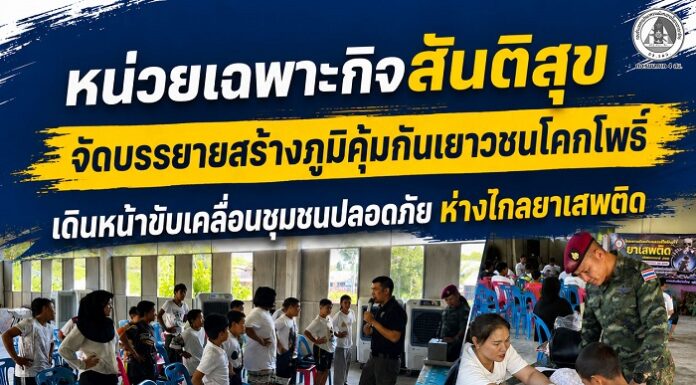 หน่วยเฉพาะกิจสันติสุข จัดบรรยายสร้างภูมิคุ้มกันเยาวชนโคกโพธิ์ เดินหน้าขับเคลื่อนชุมชนปลอดภัยห่างไกลยาเสพติด