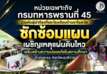 หน่วยเฉพาะกิจกรมทหารพรานที่ 45 ร่วมกับผู้นำท้องที่และโรงเรียนบ้านบาโงสะโต ซักซ้อมแผนเผชิญเหตุแผ่นดินไหว เสริมสร้างความปลอดภัยในสถานศึกษา อำเภอระแงะ จังหวัดนราธิวาส
