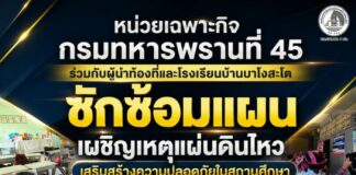 หน่วยเฉพาะกิจกรมทหารพรานที่ 45 ร่วมกับผู้นำท้องที่และโรงเรียนบ้านบาโงสะโต ซักซ้อมแผนเผชิญเหตุแผ่นดินไหว เสริมสร้างความปลอดภัยในสถานศึกษา อำเภอระแงะ จังหวัดนราธิวาส