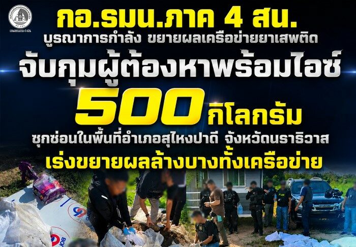 “ตัดวงจรยานรก เพื่อคืนความสงบสุขและปลอดภัยให้ชุมชน” กอ.รมน.ภาค 4 สน. บูรณาการกำลัง ขยายผลเครือข่ายยาเสพติด จับกุมผู้ต้องหาพร้อมไอซ์ 500 กิโลกรัม ซุกซ่อนในพื้นที่อำเภอสุไหงปาดี จังหวัดนราธิวาส เร่งขยายผลล้างบางทั้งเครือข่าย