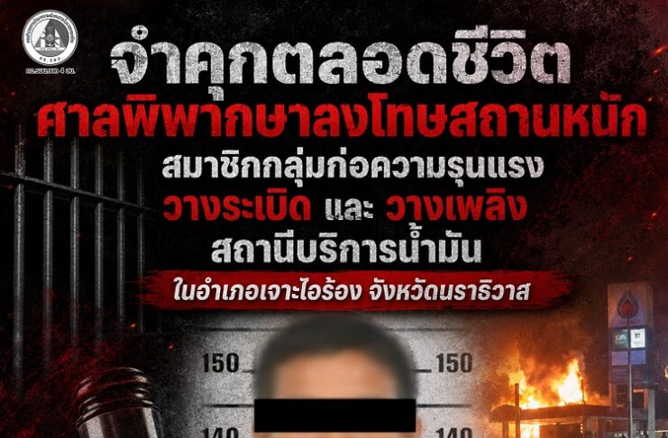 จำคุกตลอดชีวิต ศาลพิพากษาลงโทษสถานหนัก สมาชิกกลุ่มก่อความรุนแรงวางระเบิด และ วางเพลิงสถานีบริการน้ำมัน ในอำเภอเจาะไอร้อง จังหวัดนราธิวาส