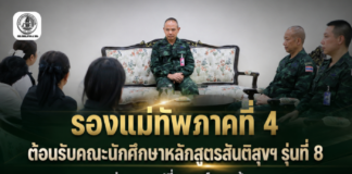 รองแม่ทัพภาคที่ 4 ให้การต้อนรับคณะนักศึกษาหลักสูตรสันติสุขฯ เข้าพบปะพร้อมสัมภาษณ์ผู้บังคับบัญชา เพื่อจัดทำโครงงาน “กะเทาะเปลือกตาดีกา”