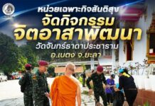 หน่วยเฉพาะกิจสันติสุข จัดกิจกรรมจิตอาสาพัฒนาวัดจันทร์ธาดาประชาราม อ.เบตง จ.ยะลา สร้างชุมชนสะอาดและความสามัคคี