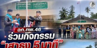 ฉก.ทพ.46 ร่วมกิจกรรม “เสาธง 5 นาที” สร้างความเข้าใจเยาวชน มอบธงชาติและอุปกรณ์กีฬา สานสัมพันธ์ชุมชน