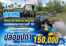 จิตอาสาพระราชทาน กองพลทหารราบที่ 15 รวมพลังชุมชนเทพา ปล่อยปูดำ 150,000 ตัว ฟื้นฟูทรัพยากรทะเลเทพา เนื่องในวันแม่แห่งชาติ