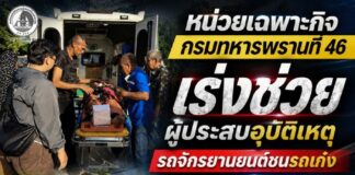 หน่วยเฉพาะกิจกรมทหารพรานที่ 46 เร่งช่วยผู้ประสบอุบัติเหตุรถจักรยานยนต์ชนรถเก๋ง ประสานกู้ภัยส่งโรงพยาบาลทันที