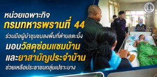 หน่วยเฉพาะกิจกรมทหารพรานที่ 44 ร่วมมือผู้นำชุมชนลงพื้นที่ตำบลตะบิ้ง มอบวัสดุซ่อมแซมบ้านและยาสามัญประจำบ้าน ช่วยเหลือประชาชนกลุ่มเปราะบาง