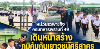 หน่วยเฉพาะกิจกรมทหารพรานที่ 49 เดินหน้าสร้างภูมิคุ้มกันเยาวชนศรีสาคร จัด “เสาธง 5 นาที” เสริมความรู้ ต้านยาเสพติด สร้างชุมชนที่เข้มแข็ง