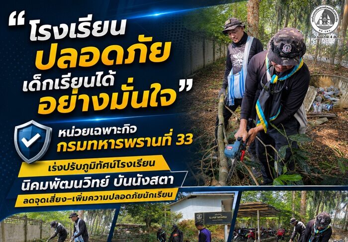 “โรงเรียนปลอดภัย เด็กเรียนได้อย่างมั่นใจ” หน่วยเฉพาะกิจกรมทหารพรานที่ 33 เร่งปรับภูมิทัศน์โรงเรียนนิคมพัฒนวิทย์ บันนังสตา ลดจุดเสี่ยง–เพิ่มความปลอดภัยนักเรียน