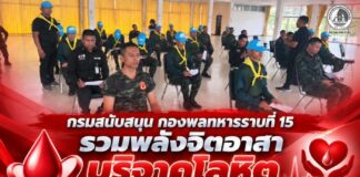 กรมสนับสนุน กองพลทหารราบที่ 15 รวมพลังจิตอาสา บริจาคโลหิต ส่งต่อความช่วยเหลือแก่ผู้ป่วยในพื้นที่ภาคใต้