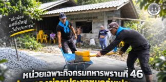 หน่วยเฉพาะกิจกรมทหารพรานที่ 46 ร่วมแรงช่วยประชาชนกลุ่มเปราะบาง เทพื้นหน้าบ้าน อำนวยความสะดวก สร้างคุณภาพชีวิตที่ดี