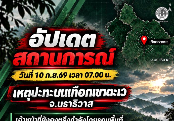 อัปเดตสถานการณ์ วันที่ 10 ก.ย.69 เวลา 07.00 น.เหตุปะทะบนเทือกเขาตะเว จ.นราธิวาส เจ้าหน้าที่ยังคงตรึงกำลังโดยรอบพื้นที่ รอเข้าตรวจสอบเมื่อสถานการณ์เอื้ออำนวย